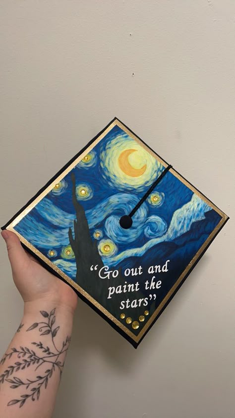 Painting On Graduation Cap, Art Education Grad Cap, Starry Night Graduation Cap, Graduation Cap Designs Stars, Art Grad Cap, Van Gogh Graduation Cap, Graduation Cap Designs Painted, Painted Grad Cap Ideas, Painted Caps For Graduation