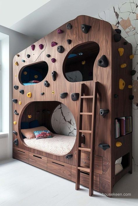 Beautifully designed for playful souls, this bunk bed awakens creativity with charming details. Hidden Bunk Bed, Bed With Climbing Wall, Bunk Bed Into Playhouse, Cool Kid Beds, Bunk Bed Slide Diy, Bunk Bed For Boys Room, Built In Kids Bed, Kid Bunk Bed Ideas, Toddler Bunk Beds Diy