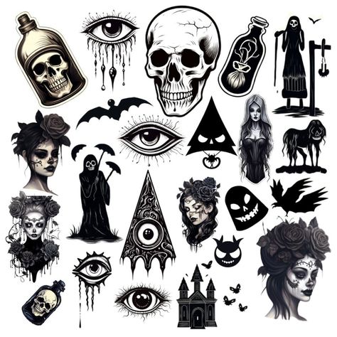 Skull Stickers Printable, Black Aesthetic Stickers Printable, Halloween Stickers Printable Free, Goth Stickers Printable, Black And White Stickers Free Printable, Dark Stickers Aesthetic, Dark Skull Tattoo, Alternative Stickers, Grunge Stickers