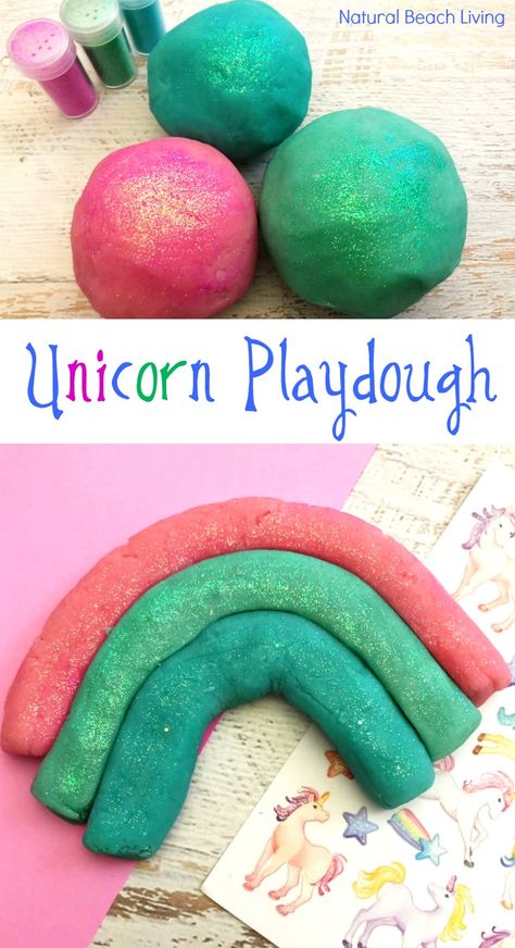 How to Make Unicorn Playdough, Unicorn and Rainbow playdough recipe for kids. Perfect for Unicorn theme party or for any Unicorn fan. Easy sensory play Activity, How to Make Homemade Playdough, How to Make Playdough, Cooked playdough recipe, This homemade playdough recipe is super soft and great for fine motor skills #unicorns #rainbows #playdough #unicornplaydough #homemadeplaydough #sensoryplay #rainbowplaydough #unicorns Unicorn Playdough, Unicorn Recipes, Unicorn Activities, Birthday Party Themes For Boys, Rainbow Playdough, Learning Activities For Preschoolers, Unicorn Party Ideas, Goodie Bag Ideas, Cooked Playdough