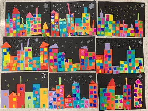 Cityscape Art For Kids, Kindergarten Shape Art Lesson, Geometric Collage Art, City Crafts For Kids, City Activities For Kids, Grade 1 Art Ideas, Kindergarten Art Ideas, Kindergarten Collage, Art Projects For Kindergarten