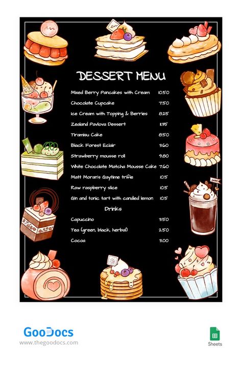 Black Dessert Menu Dessert Menu Template, Matcha Mousse, Pavlova Dessert, Restaurant Brochures, Black Dessert, Catering Business Cards, Berry Pancakes, Restaurant Business Cards, Bakery Business Cards