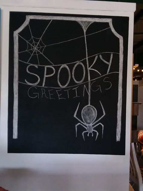 Halloween themed chalkboard design: Spooky Greetings with a spider. Chalkboard Designs, Halloween Stuff, Halloween Themes, Nook, Chalkboard, Chalkboard Quote Art, Chalk, Halloween, Quick Saves