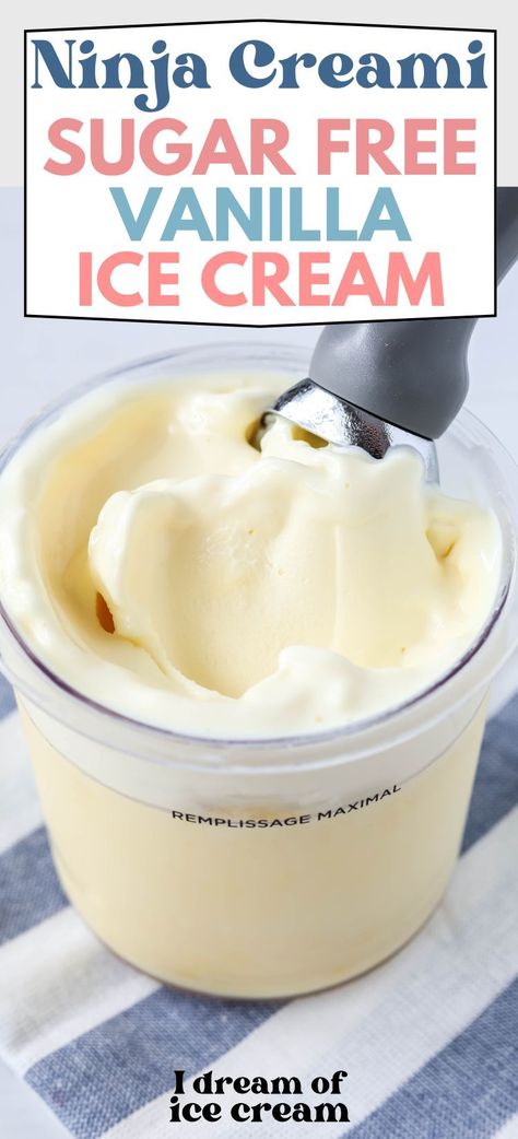 You're going to love this easy sugar-free recipe for Ninja Creami vanilla ice cream! You only need a few ingredients, it's super simple to make, and it tastes fantastic. The texture is nice and creamy, so it's an indulgent treat that's still healthy! Perfect for diabetics or those following a low-carb diet. Ninja Creami Healthy Vanilla Base, Low Carb Ice Cream Ninja Creami, Low Carb Creami Ninja Recipe, Ninja Creami Ice Cream Recipes Sugar Free Pudding, Ninja Cremini Ice Cream Protein, Low Calorie Vanilla Ice Cream, Ninja Keto Ice Cream Recipes, Sugar Free Creami Recipe, Low Carb Frozen Desserts