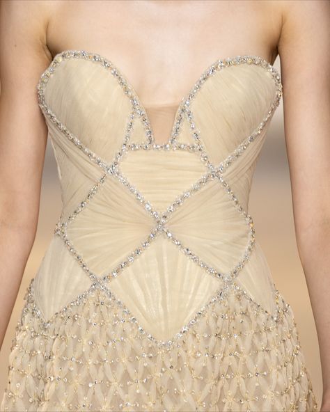 Sandstone draped corset with structured boning and heart-shaped neckline, mixed with a degraded skirt and embellished in shimmery beading. #TonyWardCouture #TonyWardHCFW2425 #PFW #CoutureWeek Draped Corset, Draping Dress, Tony Ward Couture, Tony Ward, Glamour Dress, Fall Winter 2024, Couture Week, Winter 2024, Gowns Dresses