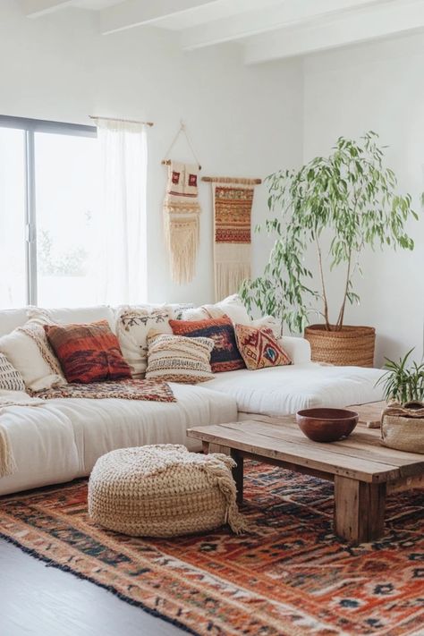 "Mix and match for a stunning Modern Boho Living Space! 🏡🌿 #BohoChic #LivingRoomStyle #EclecticDecor" Boho Moroccan Living Room, Boho Flat, Turkish Living Room, Cozy Boho Living Room, Boho Lounge, Trendy Interior Design, Moroccan Living Room, Meditation Room Decor, Boho Living Room Decor