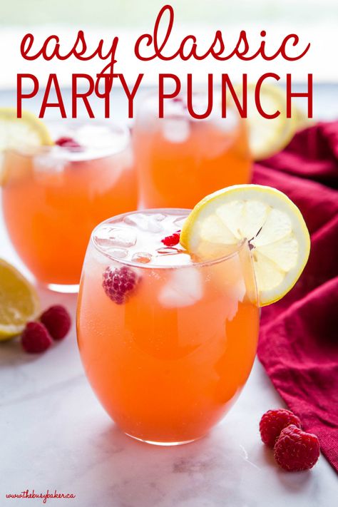 This Easy Party Punch Recipe is a super quick and easy drink recipe that's great for entertaining, holidays, or any celebration! It's kid-friendly, packed with fruit flavour, and made with only 4 ingredients! Recipe from thebusybaker.ca! #party #punch #holiday #fruit #cranberry #lemon #lime #easter #christmas #birthday Kids Party Punch Recipes, Sangria Punch Recipes, Punches For Parties, Punch For Kids Party, Kid Friendly Punch, Easy Punch Recipes Non Alcoholic, Fall Party Punch, Spring Punch Recipes, Easter Punch Recipes