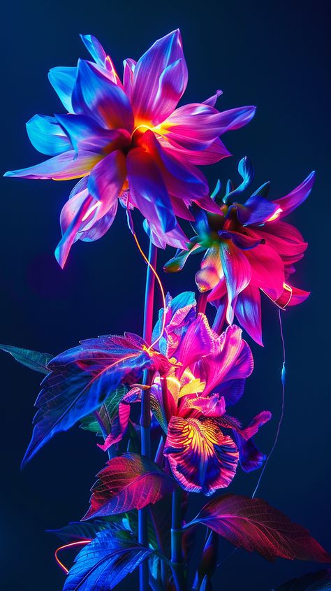 Dahlia and Iris Fossils Blooming at Night Mad Gallica, Fluorescent Painting, Gold Wallpaper Phone, Neon Rope, Glowing Flowers, Inspirational Digital Art, Bouquet Photography, Flowers In Bloom, Neon Flowers