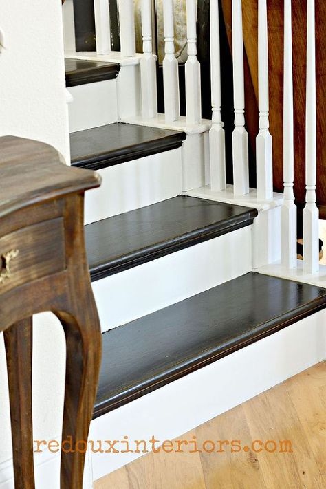 How to Paint a Staircase Black and White With All the Details! :: Hometalk Black And White Hallway, Black And White Stairs, Staircase Pictures, Carpet Staircase, White Hallway, White Staircase, Painted Staircases, White Stairs, Stairs Makeover