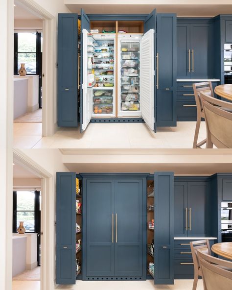 Larder Fridge And Freezer, Built In Double Fridge, Kitchen Double Fridge, Fridge Hidden In Cabinets, Fridge Cupboard Built Ins, Double Fridge Kitchen Layout, Kitchen Design Fridge Placement, Dishwasher Next To Fridge, Integrated Fridge Kitchen