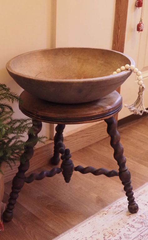 Wooden Bowl Christmas Decor, Wood Bowls Decor Ideas, Wooden Bowls Centerpiece, Antique Dough Bowl, Large Wood Bowl, Dough Bowl Centerpiece, Large Wooden Bowl, Amazing Crafts, Wooden Dough Bowl