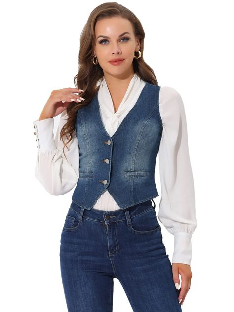 PRICES MAY VARY. 80%Cotton, 20%Polyester Button closure Machine Wash Washed Denim Waistcoat, V Neck, Button Down, Faux Pockets, Sleeveless Jean Jacket Vest. The single breasted denim waistcoat is versatile to match with simple basic t-shirt or casual floral dress to build lady chic outfits Occasion: Perfect for Travelling, Outdoor, Lounge, Picnic, Family Day, Casual Daily, Shopping, Riding, Weekend, Friends Gathering, Dating and so on Regular Fit. Machine Wash Cold with Like Colors Model is wear Denim Waistcoat Outfit Woman, Sleeveless Jean Jackets, Womens Denim Vest, Denim Waistcoat, Sewing Easy, Jean Jacket Vest, Cool Girl Style, Floral Dress Casual, Jean Vest