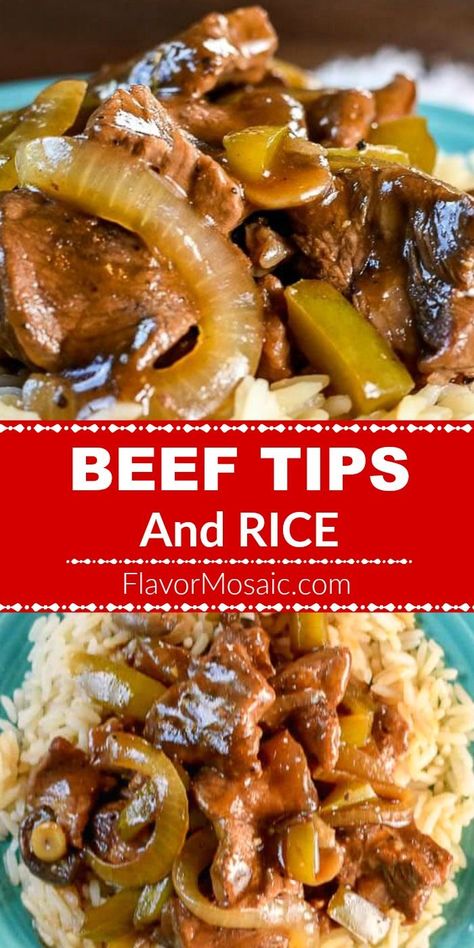 Beef Tips and Rice, with sautéed onions and peppers covered in a savory gravy, made in a dutch oven or crockpot, make an easy, delicious, and hearty dinner your family will love. #BeefTips #BeefTipsAndRice #Beef #FlavorMosaic Beef Tips And Rice Recipe Crockpot, Beef Tips Crock Pot Recipes, Beef Tips Recipe, Beef Tips And Rice, Resep Steak, Gefilte Fish, Beef Tip Recipes, Sauteed Onions, Beef Tips And Gravy