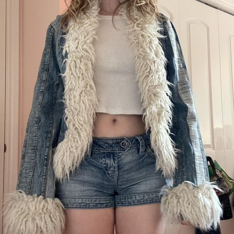 the most INSANE patchwork denim jacket with fur... - Depop Fluffy Denim Jacket Outfit, Fluffy Jean Jacket, Denim Fur Jacket Outfit, Fur Denim Jacket Outfits, Fluffy Denim Jacket, Denim Coat Outfit, Denim Fur Jacket, Manifest List, Jean Jacket With Fur