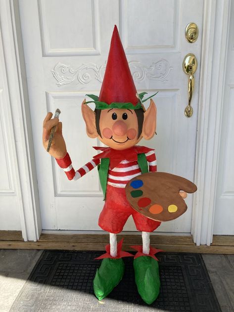 Diy Elf Outdoor Decorations, Paper Mache Nutcracker, Paper Mache Elf, Mannequin Silhouette, Diy Christmas Elves, Christmas Toy Soldiers, Santa Elves, Outdoor Christmas Diy, Elf Christmas Decorations