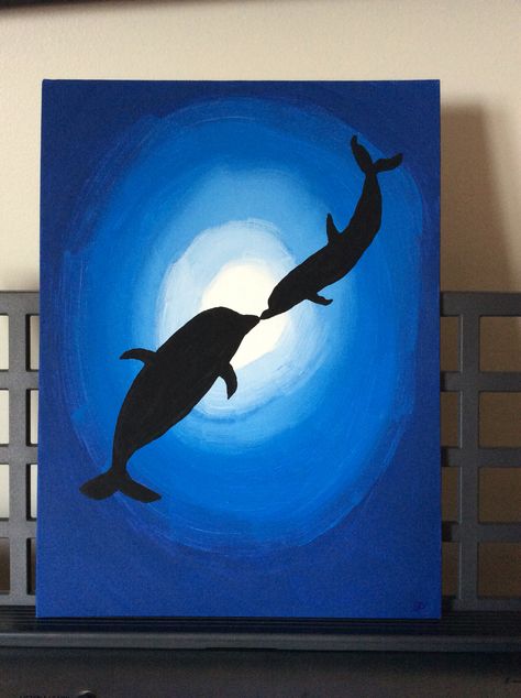 A flat canvas, 12x9 acrylic painting. Perfect for a dolphin lover. Buy this artwork at my page. Dolphin Paintings Easy, Simple Dolphin Painting, Dolphin Silhouette Painting, Dolphin Painting Acrylic Easy, Dolphin Painting Easy, Dolphin Drawing, Dolphin Painting, Canvas Painting Ideas For Beginners, Dolphin Art