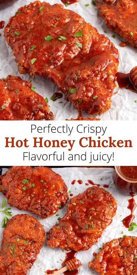 Savor the taste of crispy Hot Honey Chicken! Chicken breasts are soaked in buttermilk, breaded with panko, and fried to perfection. The sweet and spicy hot honey sauce makes this dish the best-ever, adding a burst of flavor that’s truly next-level. An ideal chicken breast dinner idea for any night of the week! Recipes With Chicken Bites, Fried Chicken Recipe Spicy, Honey Sauce For Fried Chicken, Hot And Honey Chicken Tenders, Hot Sauce Chicken Recipes, Breaded Chicken With Sauce, Boneless Chicken Wing Recipes, Hot Honey Sauce For Chicken, Hot Honey Chicken Bites