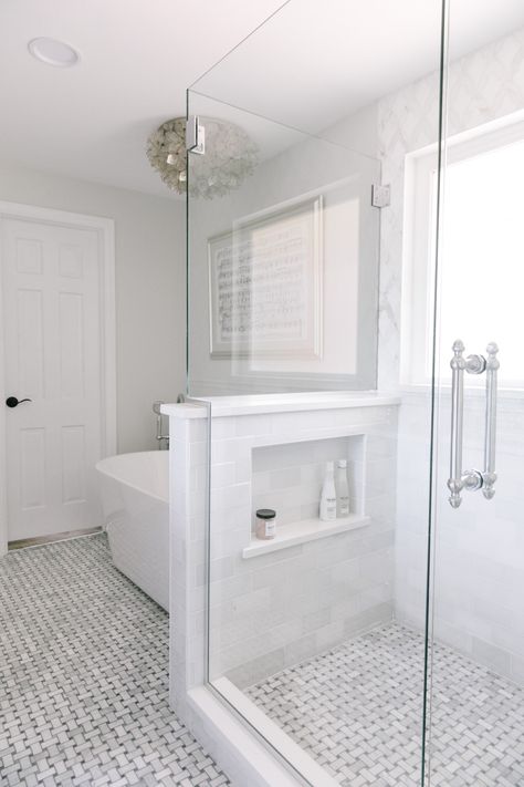 Shower Knee Wall With Niche, Gally Master Bath, Bathtub Pony Wall, Bathroom Remodel Ideas Master, Gray And White Master Bath Ideas, White And Gray Bathroom Ideas Master Bath, 3x4 Shower Master Bath, 5 Foot Shower Stall Master Bath, Medium Master Bath Remodel