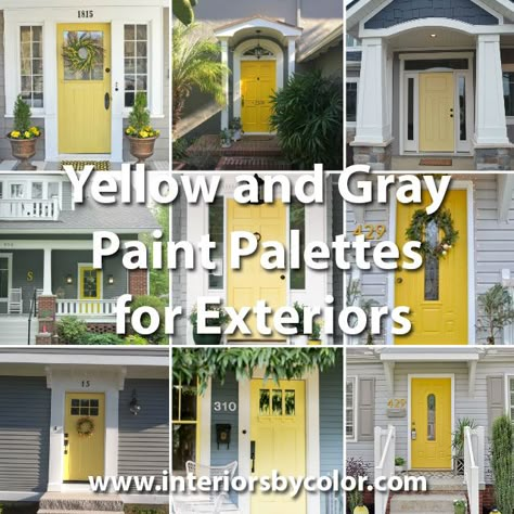 Yellow and Gray Design. Yellow painted doors with gray painted exteriors add a ray of sunshine and a pop of color! A fun twist on traditional designs! Yellow And Grey House Exterior, Yellow Home Exterior Paint Schemes, Gray And Yellow Exterior House Colors, House Paint Exterior Grey White Trim Yellow Doors, Grey House Yellow Door Exterior, Exterior Yellow House Color Combinations, Yellow Front Doors On Grey Houses, Exterior House Colors With Yellow Door, Gray House With Yellow Front Door