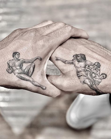 Michelangelo Hand Tattoo, God Creating Adam Tattoo, Tattoo Of God, Adam And God Tattoo, Adam And God Hand Tattoo, Adam Aesthetic, The Creation Of Adam Tattoo, Creation Of Adam Tattoo, Adam Tattoo