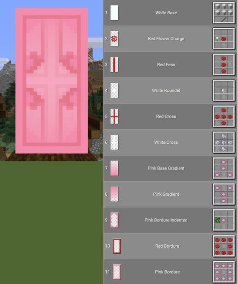 Banner Designs Minecraft Cute, Cute Sheild Banner Designs Minecraft, Pink Banner Ideas Minecraft, Pink Banner Design Minecraft, Minecraft Wall Pattern Ideas, Minecraft White Color Palette, Banner Idea Minecraft, Rose Banner Minecraft, Simple Minecraft Banner Designs