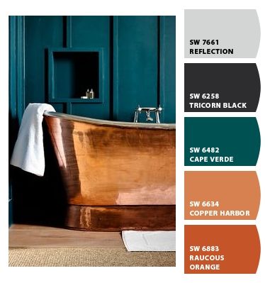 Turquoise copper black grey Paint colors from ColorSnap by Sherwin-Williams Copper Paint Colors Bedroom, Rust Teal Bedroom, Black And Copper Color Scheme, Dark Teal Copper Color Palette, Black Copper Bedroom, Teal Black Bathroom, Rust And Turquoise Bedroom, Powder Room Color Palette, Black And Copper Furniture