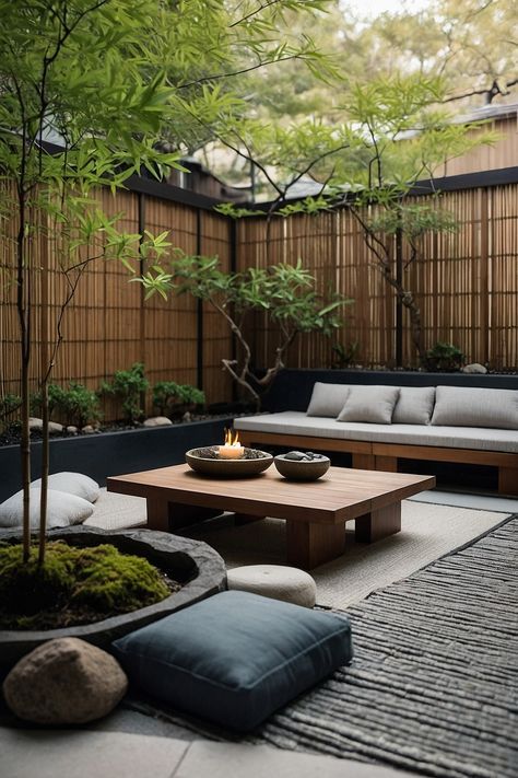 Japanese Style Balcony Garden, Japanese Porch Ideas, Japanese Patio Garden, Japanese Decking, Japanese Outdoor Decor, Japanese Inspired Backyard, Inner Garden Design, Bamboo Ideas Outdoor, Japanese Patio Ideas