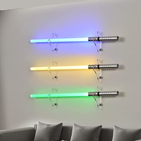 Lightsaber Wall Mount, Lightsaber Stand, Lightsaber Display, Kids Lighting Bedroom, Diy Lightsaber, Wall Display Case, Office Guest Bedroom, Nerd Room, Star Wars Light Saber