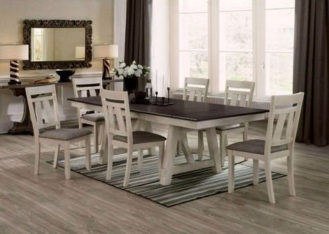 NEW Modern Rustic Farmhouse 66"-94" Dining Table with Extension Leaf & Chairs | eBay Extendable Dining Table Set, Transitional Dining, Grey Dining Room, Dining Furniture Sets, Dining Room Table Set, Grey Dining, Kitchen Table Settings, Gray Fabric, Table And Chair Sets