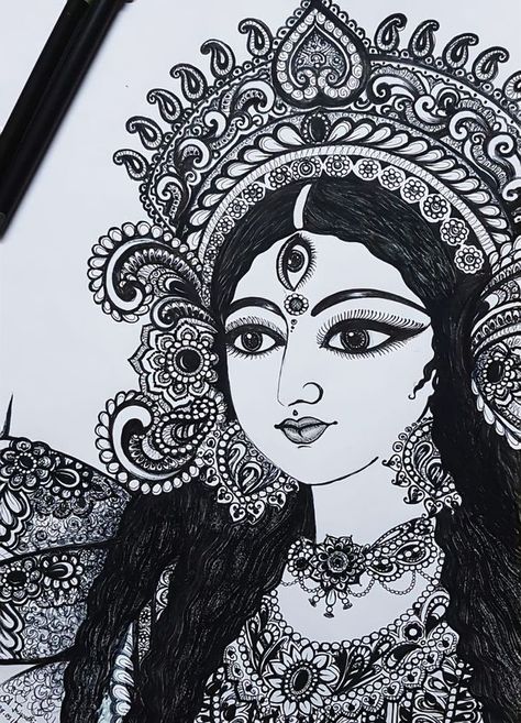 Goddess Durga Sketch Easy, Durga Goddess Drawing Easy, Ma Durga Painting Easy, Durga Puja Special Drawing, Durga Maa Drawing Sketch, Durga Puja Drawing Easy, Ma Durga Drawing Easy, Durga Painting Easy, Durgapuja Drawing