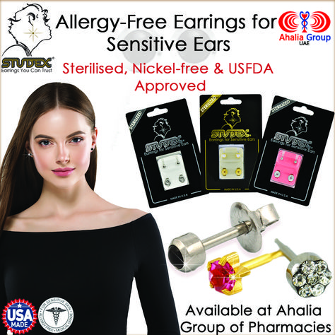 Made and packaged in the U.S., every pair of Studex Earrings undergo an FDA-approved antimicrobial sterilization process. No other earrings on the market offer this level of protection.⁠ Available at all Ahalia Group of Pharmacies in U.A.E #studex #madeinusa #medicallysterilized #studex #select #sensitiveearstuds #earrings #Studs #piercingjewelry #studearrings #earringsforsale #sterile #smallearrings #instafashion #instajewellery #shopnow🛍 #betrendy #bestudex #studexmiddleeast Free Earrings, Earrings Studs, Allergy Free, Fda Approved, Sensitive Ears, Fashion Earrings, Skin