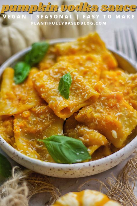 Pumpkin Vodka Sauce - Plantifully Based Pumpkin Pasta Recipe, Vodka Pasta, Non Dairy Milk, Pumpkin Pasta, Milk It, Vodka Sauce, Pasta Shapes, Plant Based Eating, Noodle Dishes