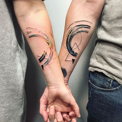 abstract couple tattoo © Diószegi Tattoo Couple Geometric Tattoo, Abstract Couple Tattoos, Abstract Matching Tattoos, Pair Tattoos Couple, Tattoo Love Couple, Tattoo Pairs, Creative Couple Tattoos, Tattoo For Couples, Pair Tattoos