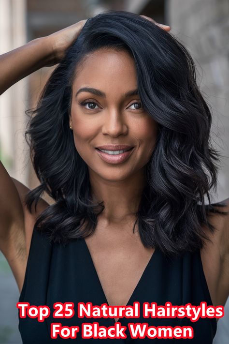 Discover the charm of effortless beauty with stunning wavy natural hairstyles for black women. This look showcases luxurious, voluminous waves that flow beautifully, enhancing your natural texture. Perfect for any occasion, these hairstyles not only celebrate your heritage but also allow you to express your unique style. Embrace your natural locks with confidence and elegance! #NaturalHairstyles #WavyHair #BlackHairMagic #NaturalBeauty Lob Hairstyles Black Women, Wavy Hair Center Part, Medium Hair Styles Black Women, Hairstyles For Black Women Medium Length, 16 Inch Sew In, Hairstyles For Medium Length Hair With Layers Black Women, Long Layers Black Women, Layered Quick Weave Hairstyles, Layers For Long Hair Black Women