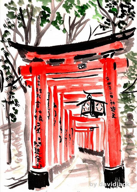 Tori Path, Fumishi Inari, Kyoto, Japan Japan Drawing Ideas, Japan Sketch Drawings, Kyoto Drawing, Japan Sketch, Japan Journal, Japan Drawing, Japan Watercolor, Chinese Buildings, Japanese Shrine