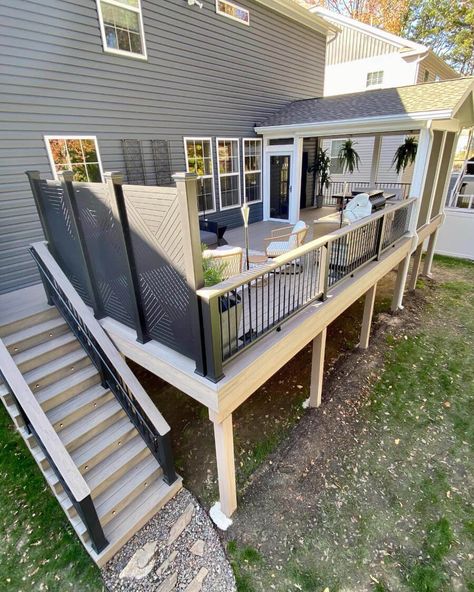 10 Deck Elevated Deck Ideas, Second Story Deck Ideas, Awning Ideas, Freestanding Deck, Deck Stair Railing, Deck Awnings, Deck Shade, Second Story Deck, Raised Deck