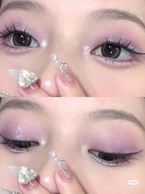 Makeup Inspiration Purple, Light Purple Natural Makeup, Kawaii Purple Makeup, Douyin Birthday Makeup, Wedding Makeup Lavender, Lavender Douyin Makeup, Purple Soft Makeup, Lilac Douyin Makeup, Lavender Bridal Makeup