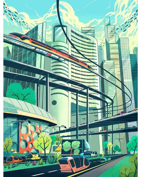 MUTI on Instagram: “Smart cities rethink mobility, for @skfgroup Evolution.” Smart City Drawing, Green City Illustration, Smart City Illustration, Futuristic City Illustration, Eco Illustration, Kota Masa Depan, City Drawing, Simple Designs To Draw, Cyberpunk City