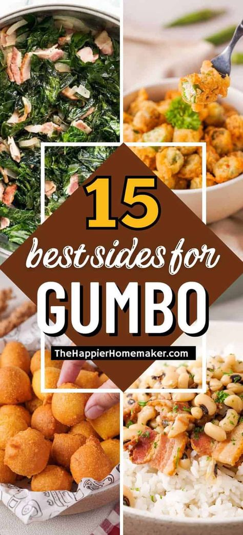 Wondering what to serve with gumbo? Explore 15 of our favorite pairings for this classic Cajun dish! What Goes With Gumbo, Gumbo Dinner Sides, Sides With Gumbo, Gumbo Side Dishes, Sides For Gumbo, Cajun Potluck Dishes, Cajun Sides Dishes, Cajun Sides, Collard Green Seasoning