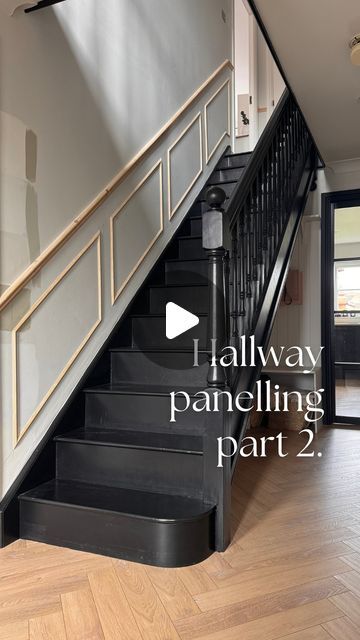 Georgina Raine on Instagram: "✨Hallway panelling part 2 ✨  Mitre shears will be your best friend! ✂️ I’ll link them in my stories along with the mouldings I’ve used. For more info & how to calculate your mouldings, check out my “hallway pt2” highlights   #hallway #hallwayinspo #hallwaydesign #hallwaydecor #hallwaypanelling #panelling #panelledwalls #wainscoting #diy #panellingideas #panelledhallway #howtopanel #diytips #diyhomedecor #hallwayinspiration #blackstairs #staircase" Wall Panels On Staircase, Panelling Up Staircase, Staircase With Wainscoting, Panelling On Stairs Staircases, Wall Panelling On Staircase, Beading Panelling Hallway, Hallway Panelling Black Stairs, Hallway Millwork Ideas, Entrance Hall Paneling Ideas