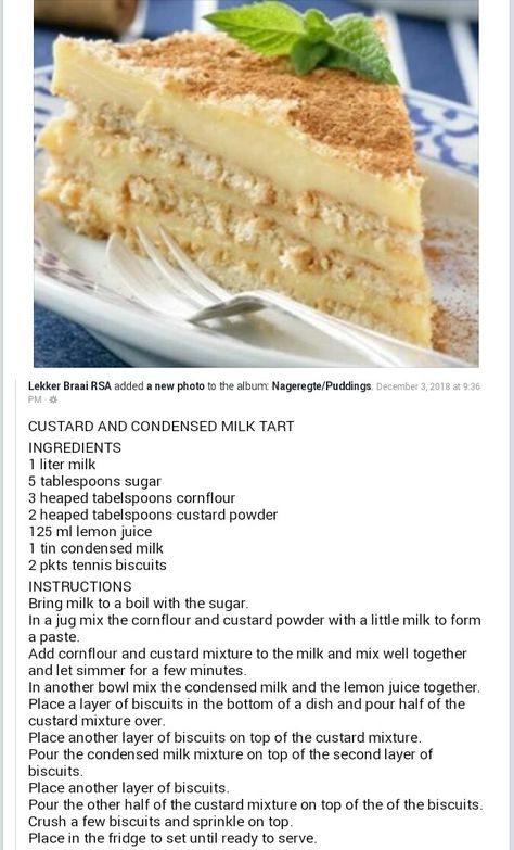 Condensed Milk Tart, Tert Resepte, Condensed Milk Recipes Easy, Condensed Milk Recipes Desserts, Milk Recipes Dessert, Easy Tart Recipes, Thigh Recipes Baked, Afrikaanse Resepte, Milk Tart