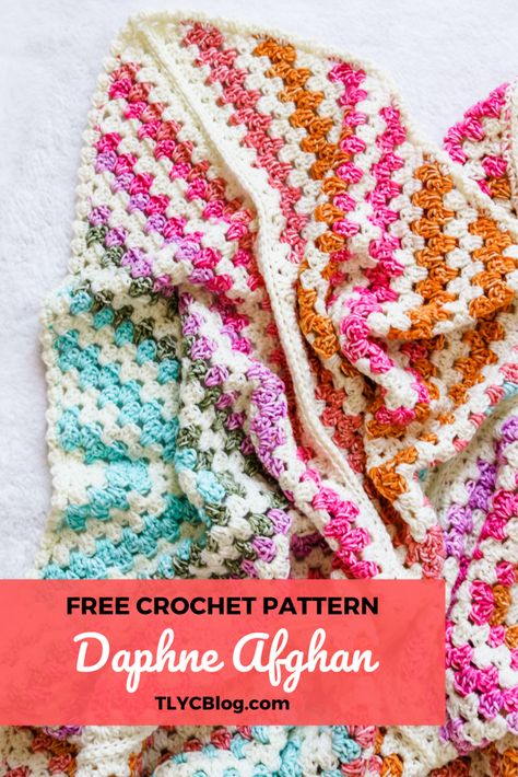 Calling all beginner crocheters! Make this fun, fast, and easy crochet baby blanket using my free pattern. The Daphne Afghan has vibrant pops of color and is so simple to make. Get the free pattern + tutorial video and make your blanket now! | TLYCBlog.com #babyblanket #beginnercrochet #grannysquare #freecrochetpattern Verigated Yarn Blanket, Sugarwheel Yarn Crochet Patterns, One Color Crochet Blanket Patterns, Granny Stripe Baby Blanket, Tl Yarn Crafts, Granny Stripe, Striped Baby Blanket, Easy Crochet Blanket, Crochet Blanket Designs