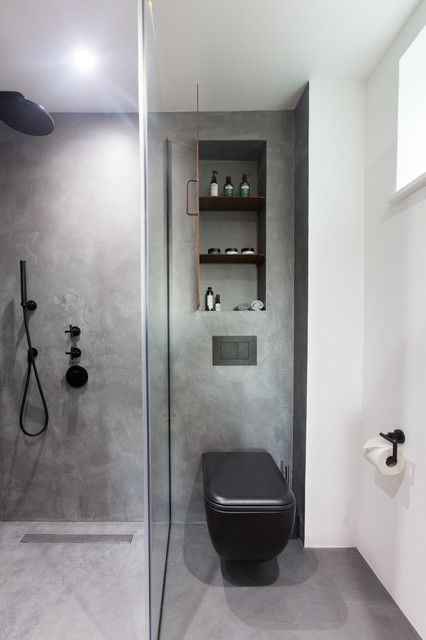 Polished concrete bathroom - Wapping, London E15 - Industrial - Bathroom - London - by Cemlux | Houzz IE Concrete Tile Bathroom, Open Plan Bedroom And Bathroom, Concrete Bathroom Ideas, Polished Concrete Bathroom, Bathroom Concrete Floor, Concrete Bathroom Design, Industrial House Exterior, Rustic Mirror, Concrete Bathroom