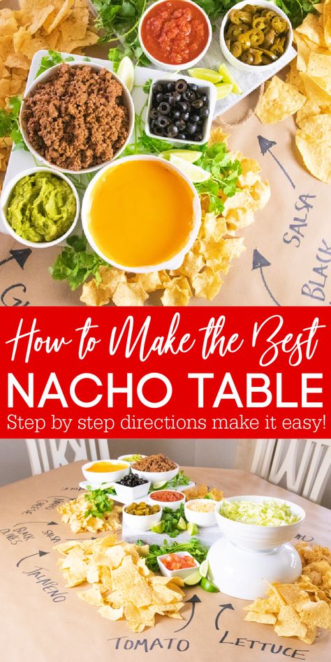 Learn how to make a nacho table that is so simple! Step by step instructions to make it easy and tasty to serve up your family and friends. #nacho #table #easy #party #food #mexican #tabledinner #nachotable #passion4savings #appetizer #gameday Nacho Table Party Ideas, Party Food Mexican, Nacho Table, Nacho Bar Party, Mexican Party Food, Taco Bar Party, How To Make Nachos, Nacho Toppings, Diy Dinner