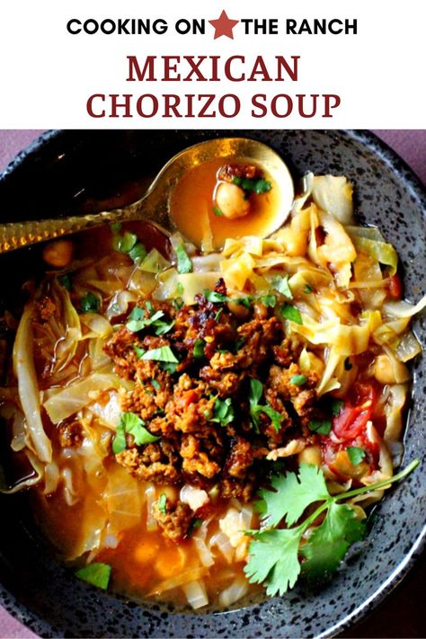 This Chorizo Soup is hearty, filling and perfect for when you need to warm up after a blustery cold day. Sopa Caldosa (Mexican Cabbage Soup) is delightful in flavor in in tangy tomato broth. Low carb and brimming with excitement. Best chorizo soup. Mexican Cabbage Soup Recipe, Chorizo Soup Recipes, Mexican Cabbage, Soup With Chorizo, Soup With Chickpeas, Easy Cabbage Soup, Chorizo Soup, Southwestern Recipes, Mexican Chorizo