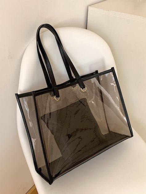 Black Fashionable Collar  PVC Plain Shoulder Tote Bag Embellished   Women Bags Pink Violin, Black Bag Outfit, Transparent Bags, My Style Bags, Clear Tote Bags, Pin Up Outfits, Pakaian Feminin, Transparent Bag, Clear Bag