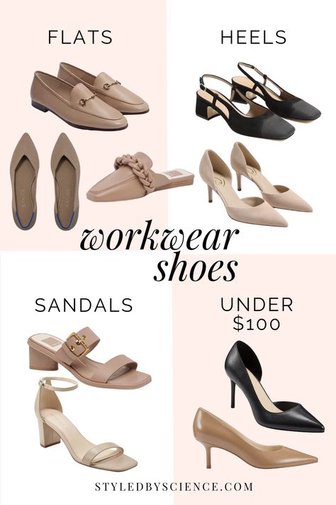 Comfy work shoes for Spring - leather loafers, pointed toe flats, kitten heels, short block heel slides, slingback heels Nude Work Shoes, Classy Sandals Comfy, Work Heels Office Wear, High Heel Loafers Outfit, Heel Loafers Outfit, Block Heel Outfit, Kitten Block Heels, Comfy Work Shoes, Block Heels Outfit