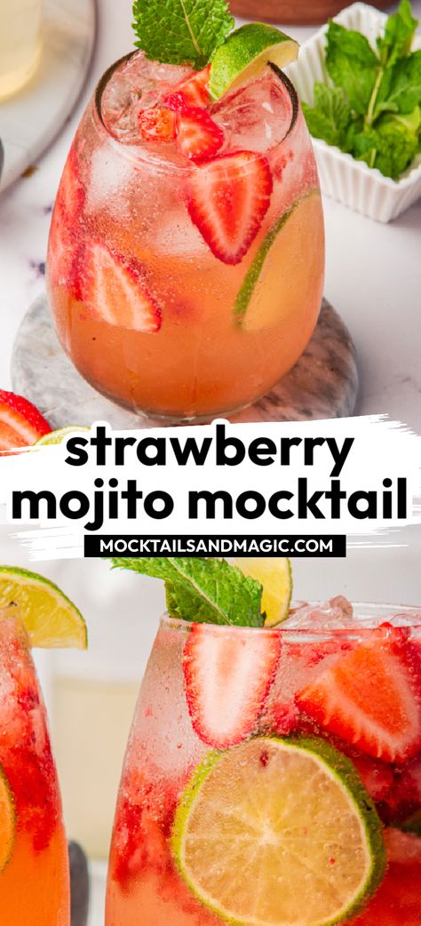 This virgin strawberry mojito is your new favorite non-alcoholic cocktail this summertime! Loaded with strawberries, mint and fresh lime juice, it makes for an incredible non-alcoholic drinks recipe that’s super refreshing. Mojito mocktail, virgin mojito, strawberry mocktail, easy strawberry mocktail, virgin strawberry mojito. Strawberry Cucumber Mojito Mocktail, Easy Virgin Drinks Non Alcoholic, Virgin Pitcher Drinks, Mocktails For Dinner Party, Super Easy Mocktails, Virgin Mint Mojito, Virgin Summer Cocktails, Mocktails Mojito Non Alcoholic, Easy Mocktails For Party