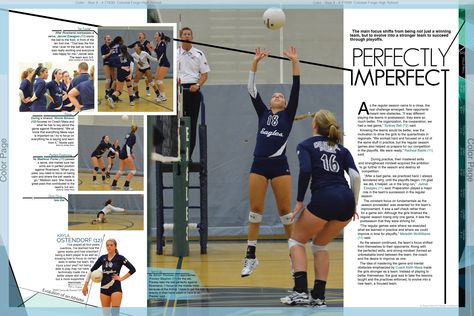 Volleyball Yearbook Page Ideas, Volleyball Yearbook Spread, Yearbook Design Ideas, Yearbook Sports Spreads, Highschool Yearbook Ideas, Yearbook Design Layout, Yearbook Templates, Travel Magazine Layout, Yearbook Template