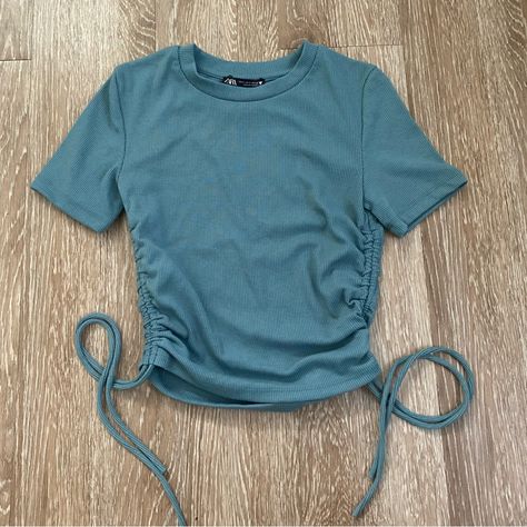 Brand New With Tags Teal Colored Crop Top From Zara With Adjustable Sides And Ribbed Texture In Size Small White Halter Crop Top, Pink Tube Top, Beige Crop Tops, Teal Shirt, Turtle Neck Crop Top, Vacay Outfits, Colorful Crop Tops, Teal Top, Black Sleeveless Top